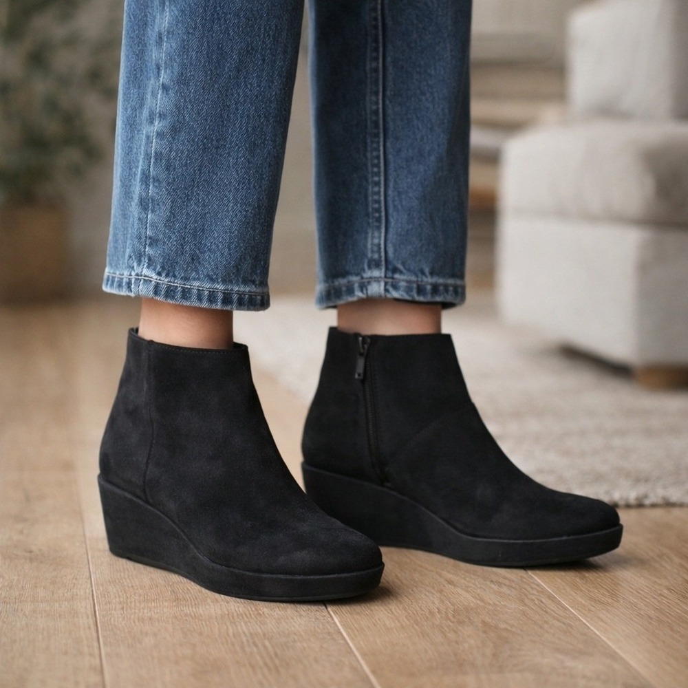 Eileen Fisher Black Suede Wedge Ankle Boots Minimalist‎ Comfort Chic US 9.5